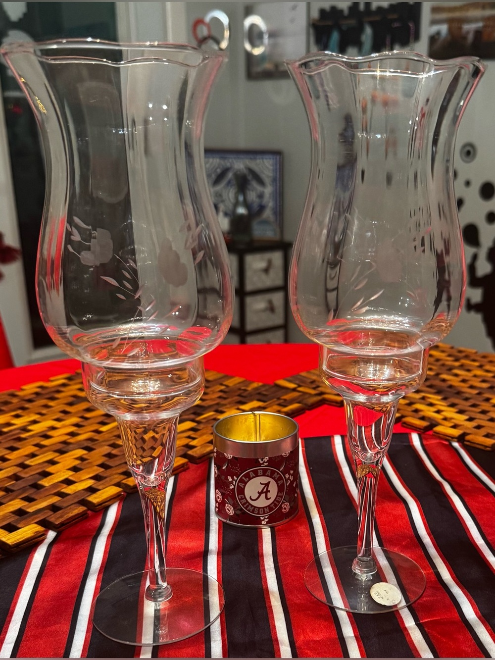 Vintage Princess House Clear Etched Glass Hurricane Candle Holders, Pair